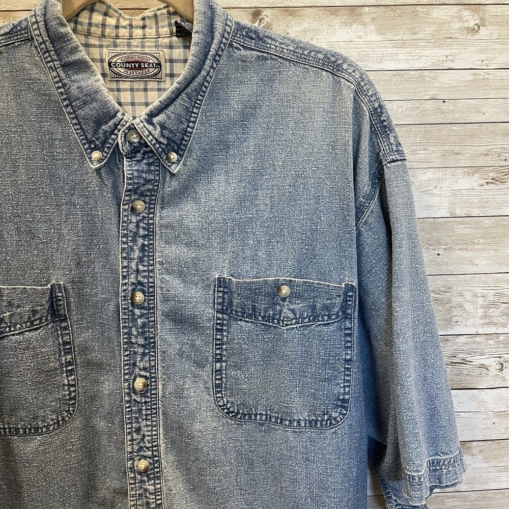 Vintage County Seat Mens XL Shirt Denim Button Down Short Sleeve Linen‎ Cotton